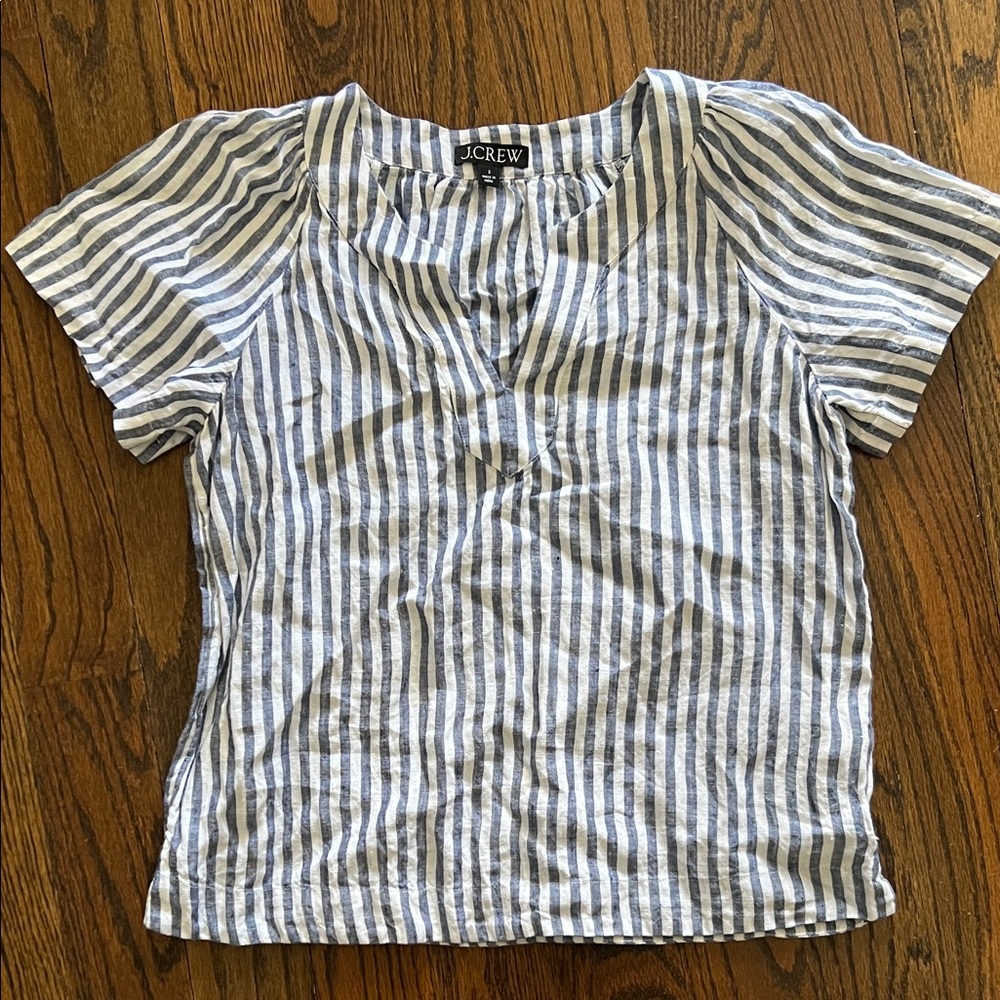 J. Crew Navy and White Striped Linen Blouse S Small
